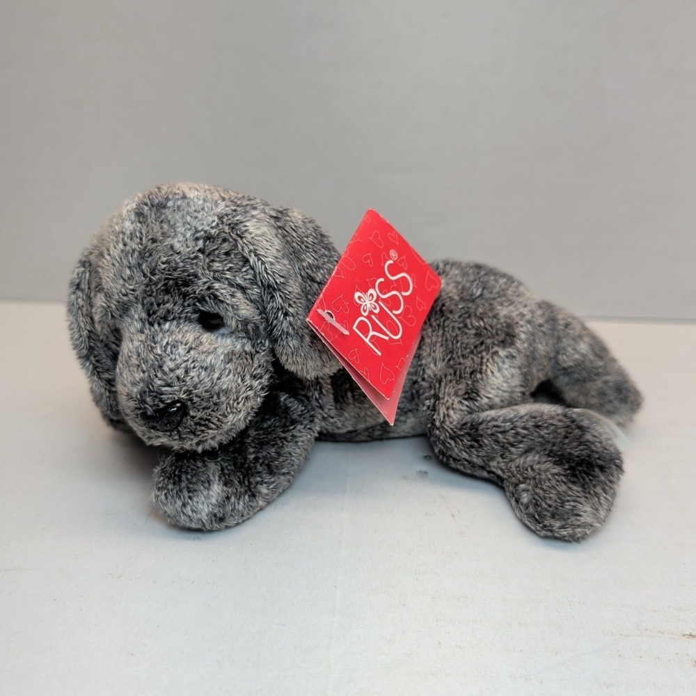 Russ Berrie Luv Pets Keats Plush Grey Lab Dog Laying Down Beanbag Stuffed w/Tag